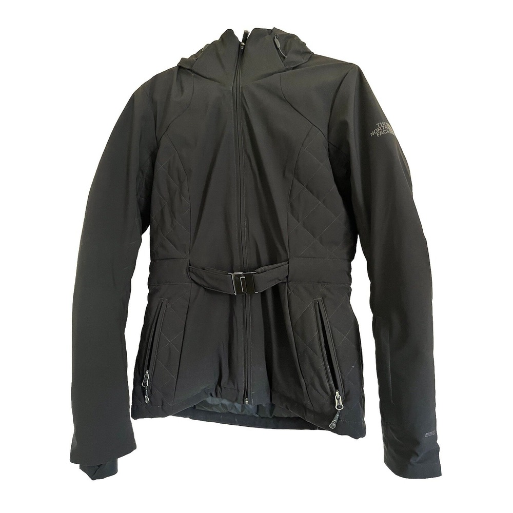 The North Face Hyvent 550 Down Belted Jacket Black Parka Hood Womens Small Petit